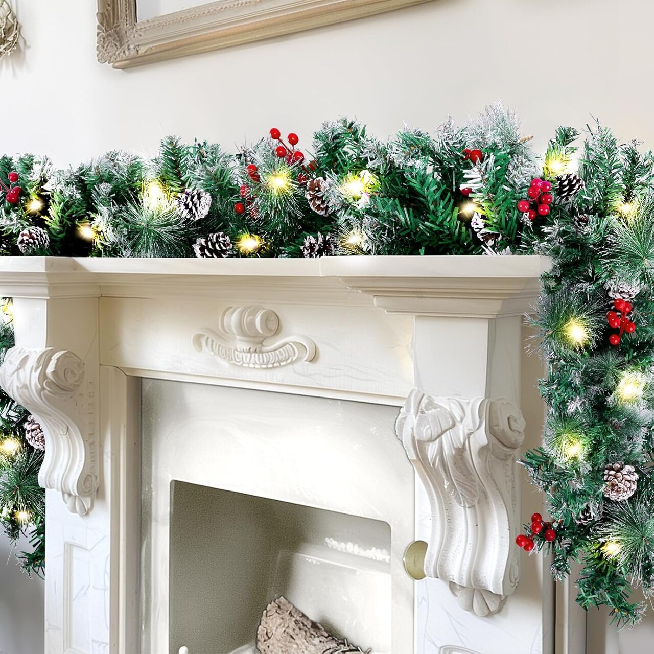 Lighted Garland Indoor for Stairs, Fireplace, 50 Lights Green Garland, Pine Cones & Red Berries & Pine Needle